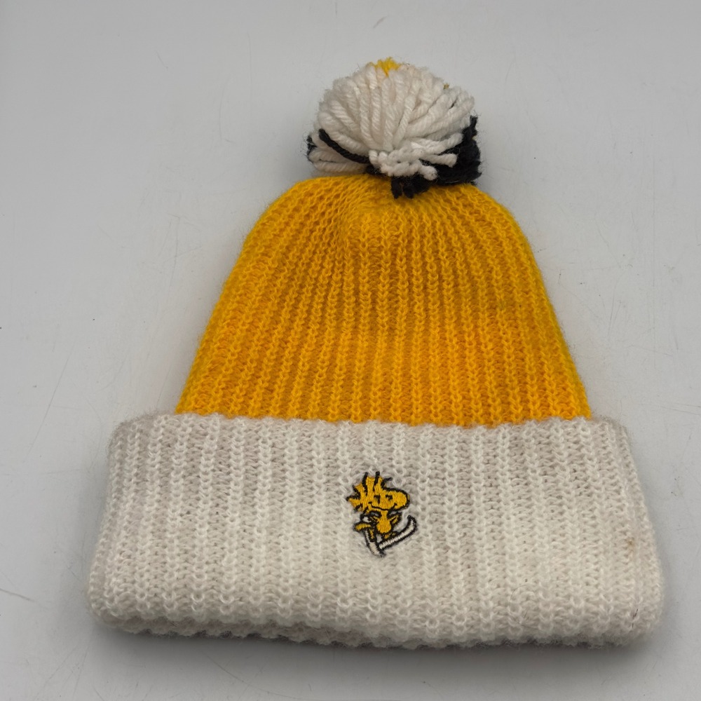 Peanuts Woodstock Hat Yellow White Knit Pom Pom Vintage 1960s OS Beanie USA